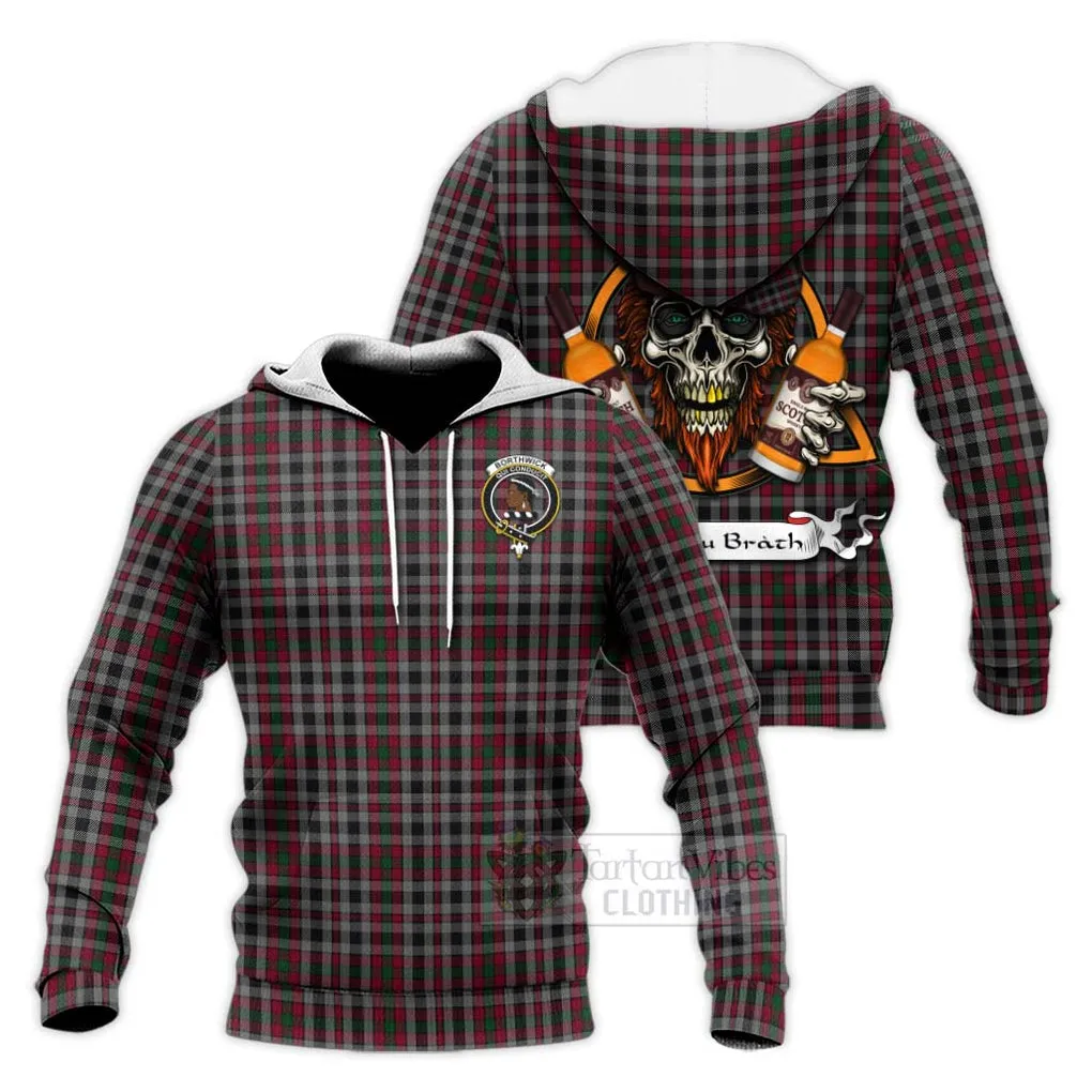 Borthwick Tartan Knitted Hoodie with Family Crest and Bearded Skull Holding Bottles of Whiskey