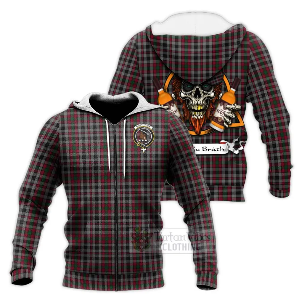 Borthwick Tartan Knitted Hoodie with Family Crest and Bearded Skull Holding Bottles of Whiskey