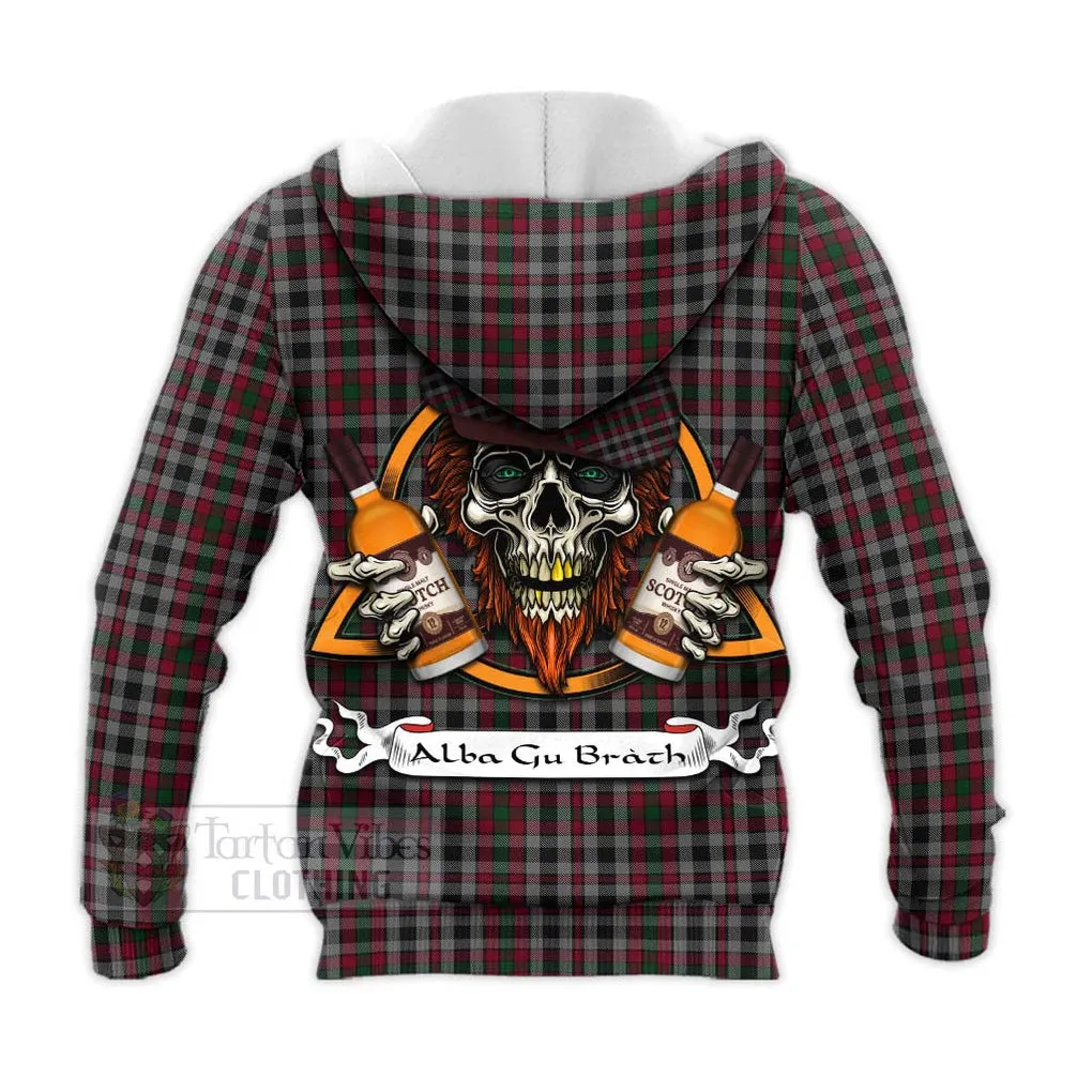 Borthwick Tartan Knitted Hoodie with Family Crest and Bearded Skull Holding Bottles of Whiskey