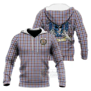 Boswell Tartan Knitted Hoodie with Family Crest Celtic Skull Style