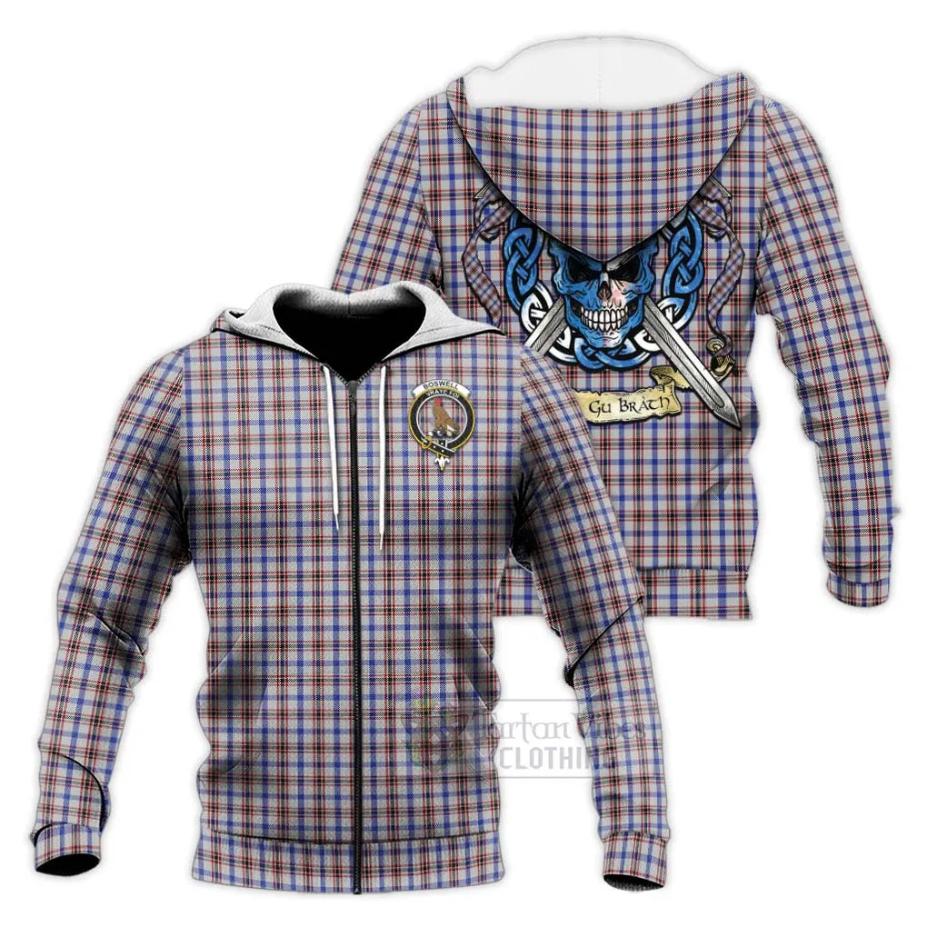 Boswell Tartan Knitted Hoodie with Family Crest Celtic Skull Style