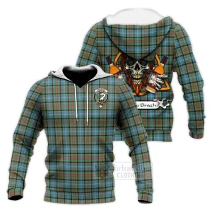 Brisbane Tartan Knitted Hoodie with Family Crest and Bearded Skull Holding Bottles of Whiskey