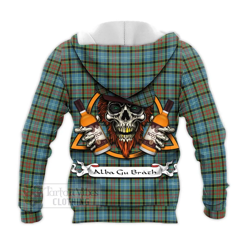 Brisbane Tartan Knitted Hoodie with Family Crest and Bearded Skull Holding Bottles of Whiskey