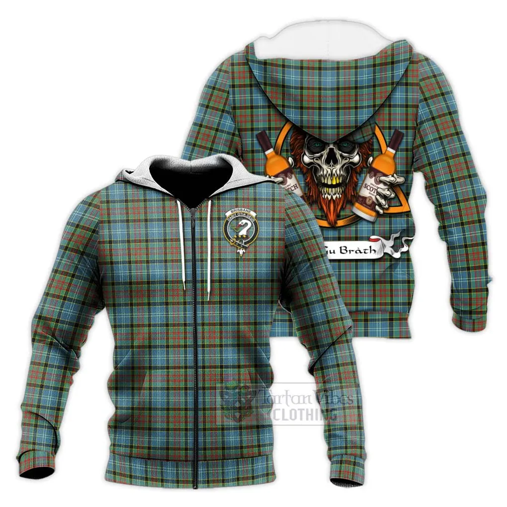 Brisbane Tartan Knitted Hoodie with Family Crest and Bearded Skull Holding Bottles of Whiskey