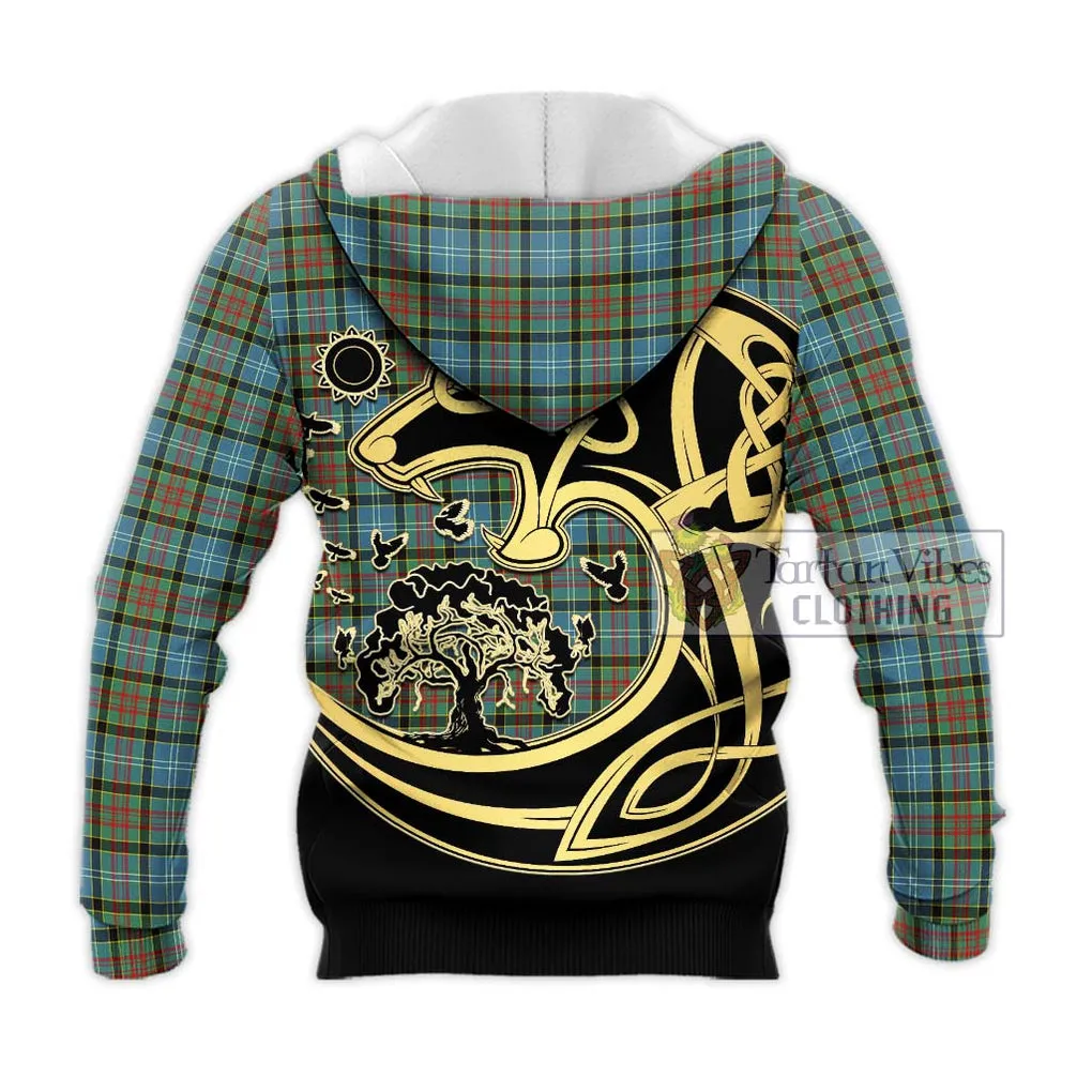 Brisbane Tartan Knitted Hoodie with Family Crest Celtic Wolf Style