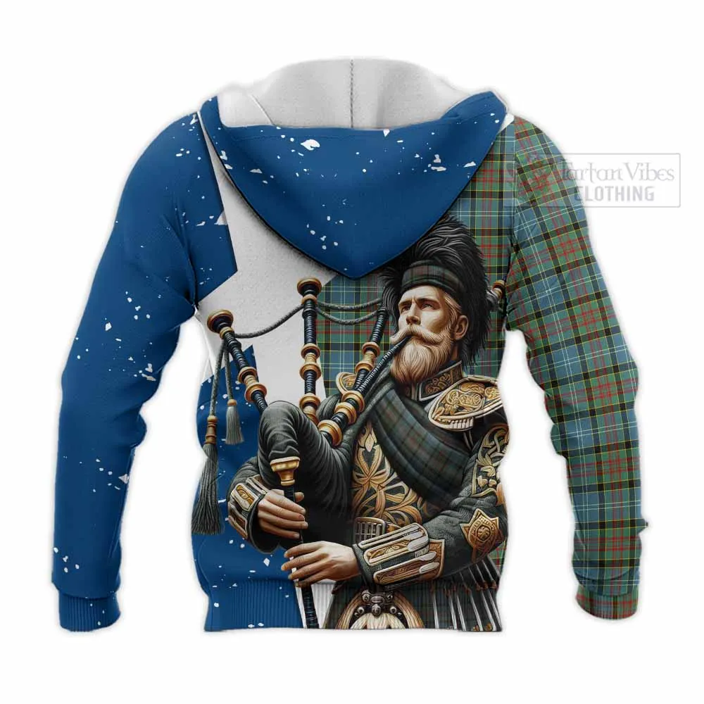 Brisbane Tartan Knitted Hoodie with Family Crest Scottish Bagpiper Vibes