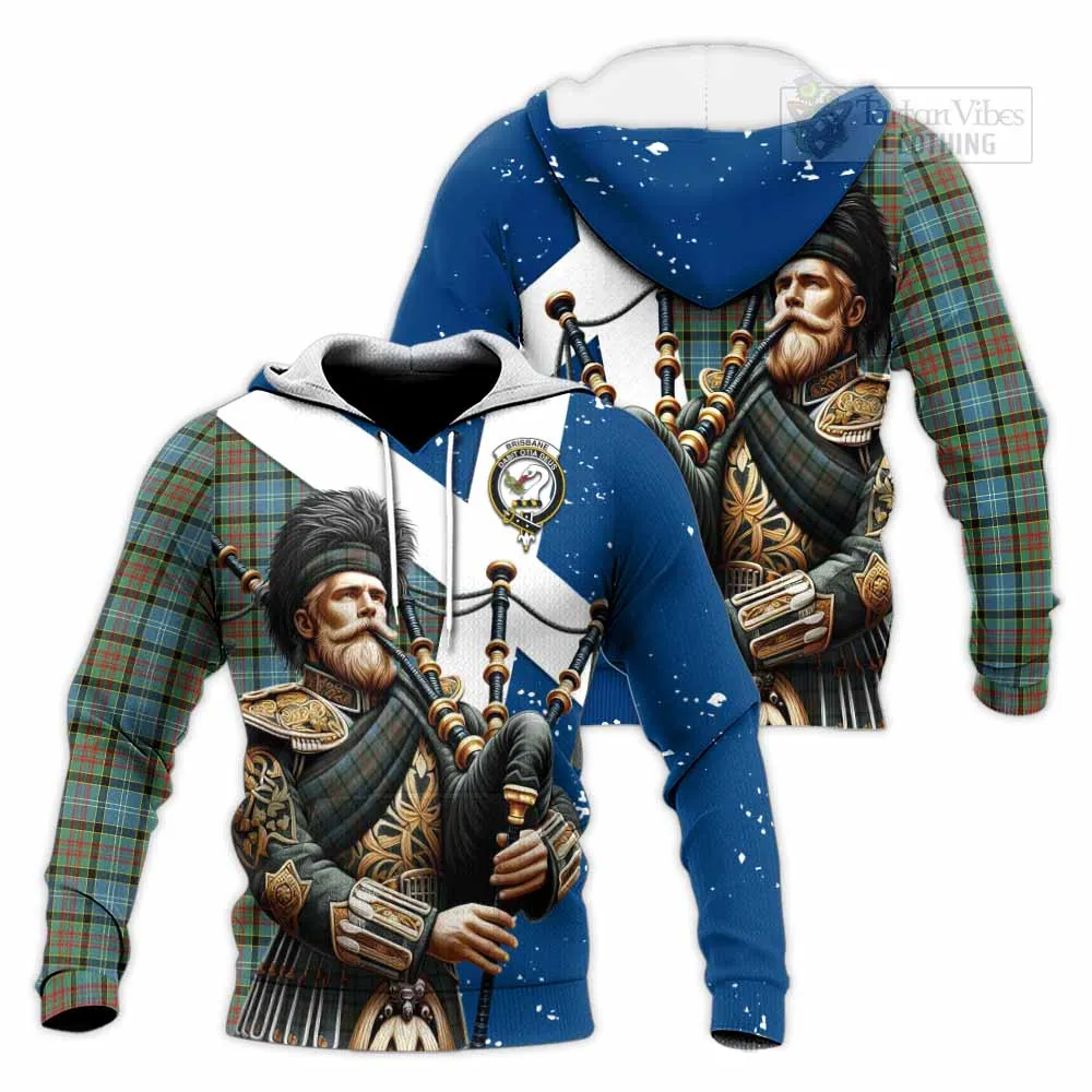 Brisbane Tartan Knitted Hoodie with Family Crest Scottish Bagpiper Vibes