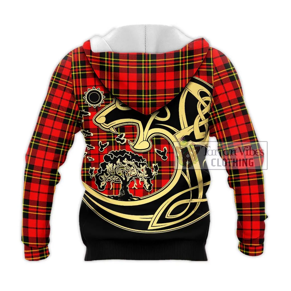 Brodie Modern Tartan Knitted Hoodie with Family Crest Celtic Wolf Style