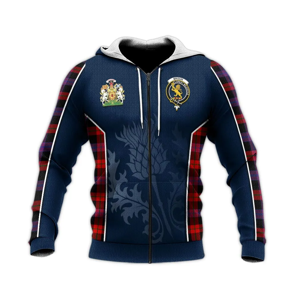 Broun Modern Tartan Knitted Hoodie with Family Crest and Scottish Thistle Vibes Sport Style