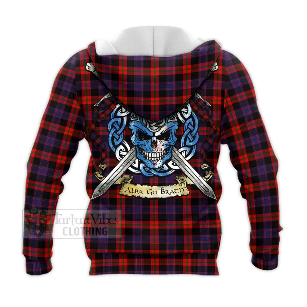 Brown (Broun) Tartan Knitted Hoodie with Family Crest Celtic Skull Style