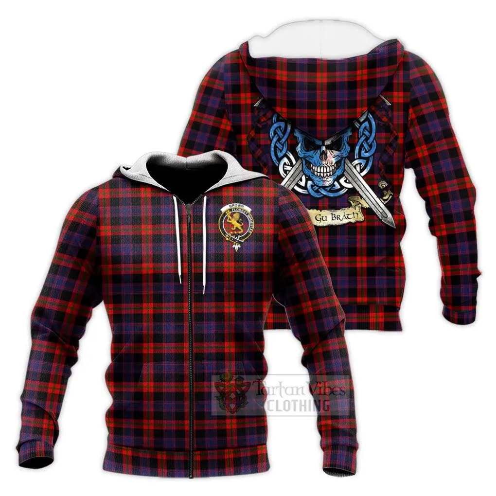 Brown (Broun) Tartan Knitted Hoodie with Family Crest Celtic Skull Style