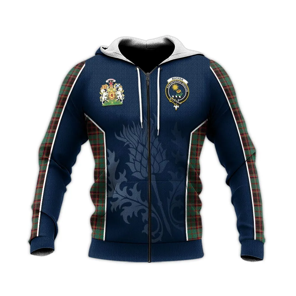 Buchan Ancient Tartan Knitted Hoodie with Family Crest and Scottish Thistle Vibes Sport Style