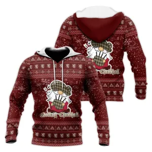 Buchanan Dress Clan Christmas Knitted Hoodie with Funny Gnome Playing Bagpipes