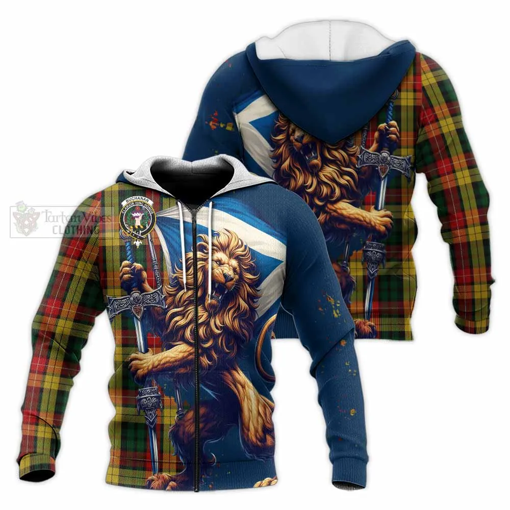 Buchanan Tartan Family Crest Knitted Hoodie with Scottish Majestic Lion