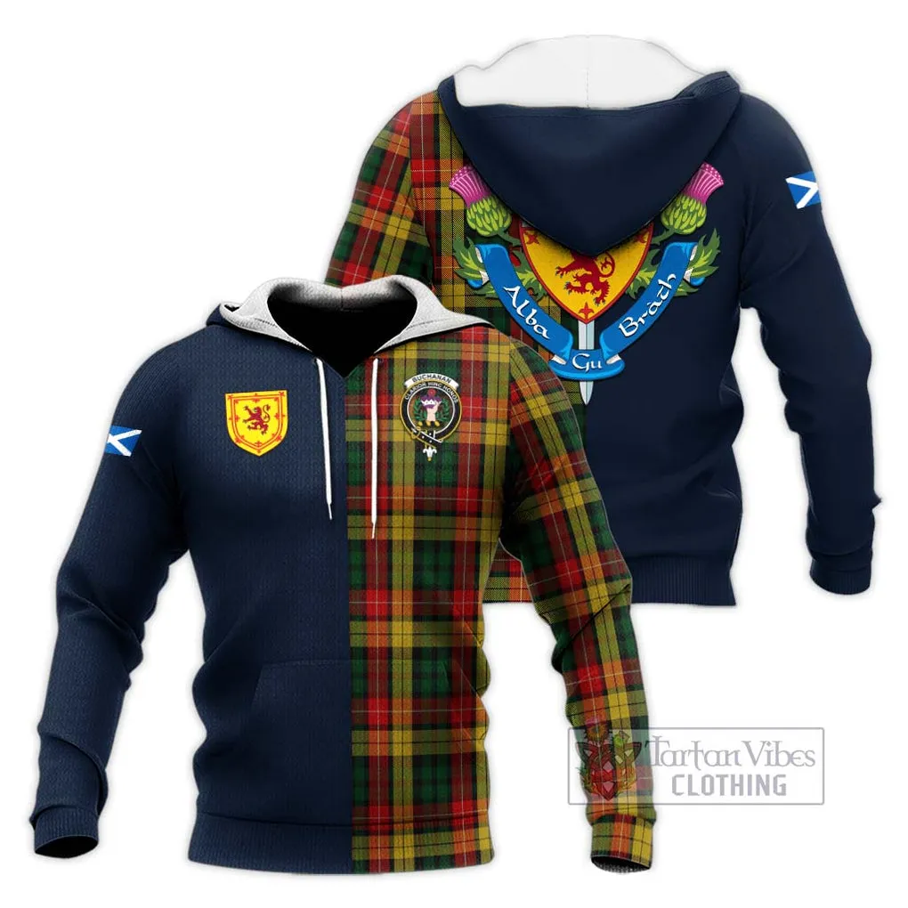 Buchanan Tartan Knitted Hoodie Alba with Scottish Lion Royal Arm Half Style