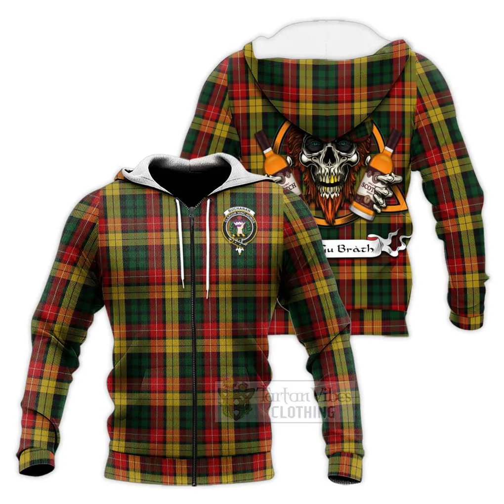 Buchanan Tartan Knitted Hoodie with Family Crest and Bearded Skull Holding Bottles of Whiskey