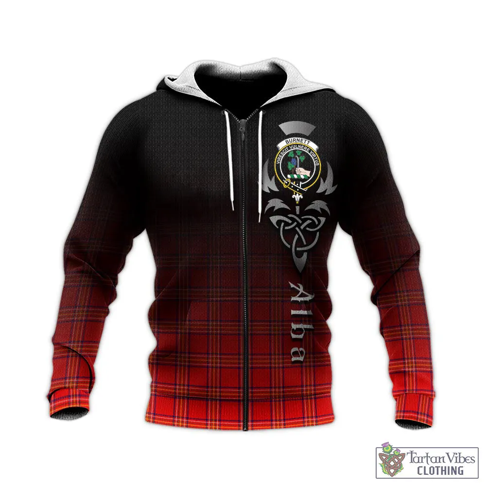 Burnett Modern Tartan Knitted Hoodie Featuring Alba Gu Brath Family Crest Celtic Inspired