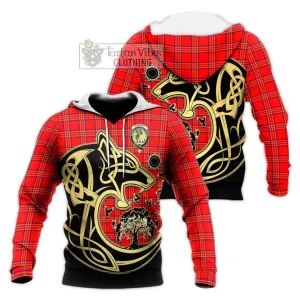 Burnett Modern Tartan Knitted Hoodie with Family Crest Celtic Wolf Style