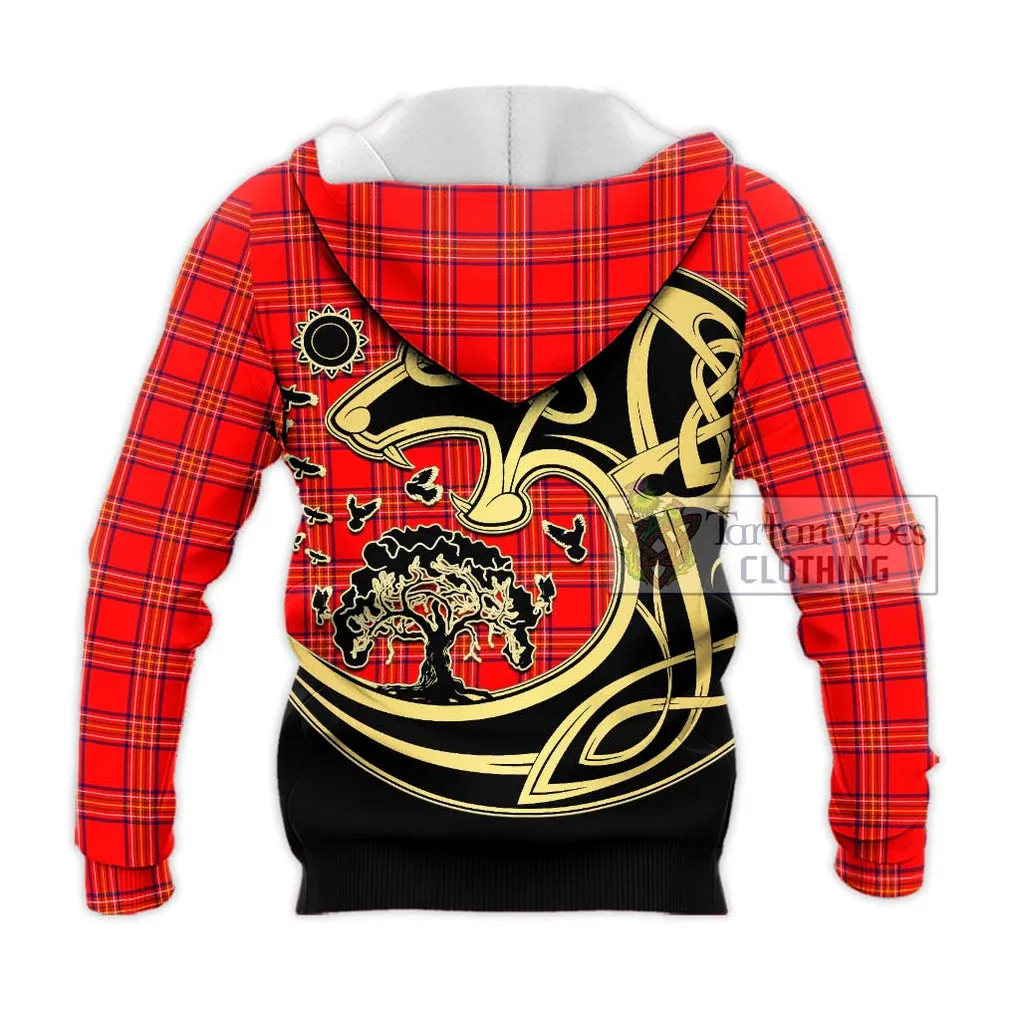 Burnett Modern Tartan Knitted Hoodie with Family Crest Celtic Wolf Style