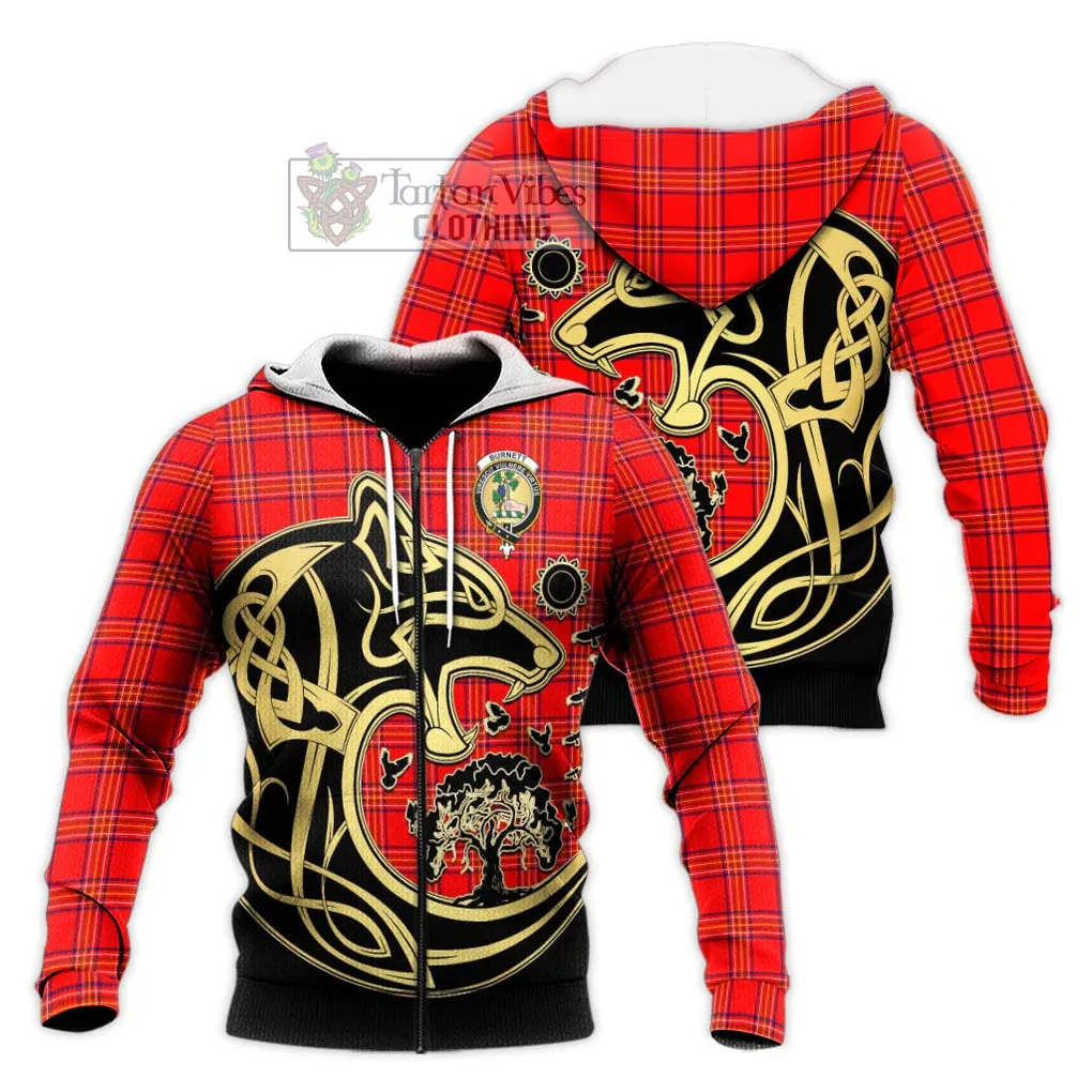 Burnett Modern Tartan Knitted Hoodie with Family Crest Celtic Wolf Style