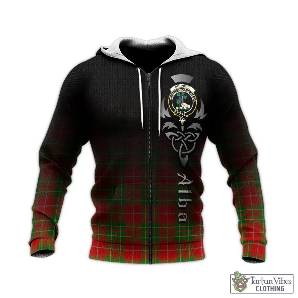 Burnett Tartan Knitted Hoodie Featuring Alba Gu Brath Family Crest Celtic Inspired