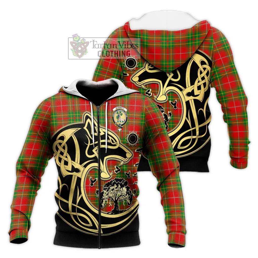 Burnett Tartan Knitted Hoodie with Family Crest Celtic Wolf Style