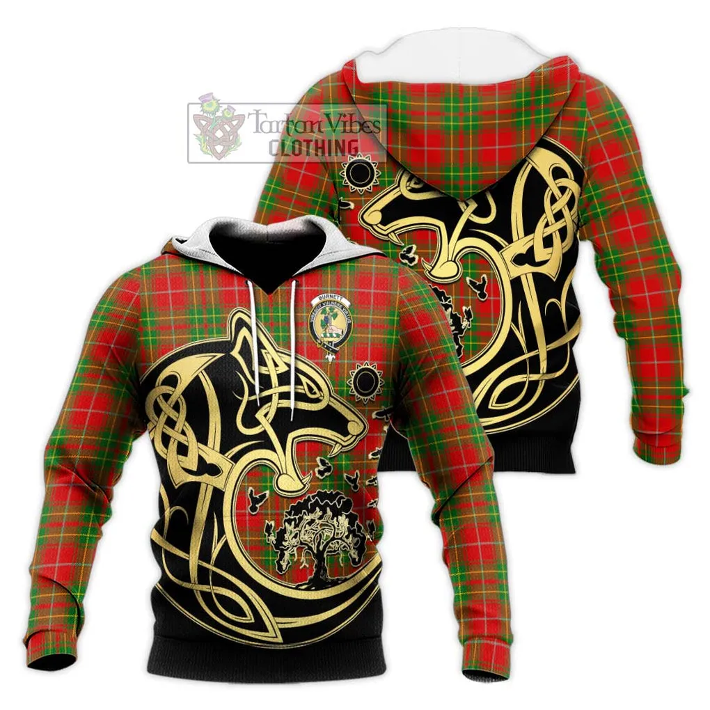 Burnett Tartan Knitted Hoodie with Family Crest Celtic Wolf Style