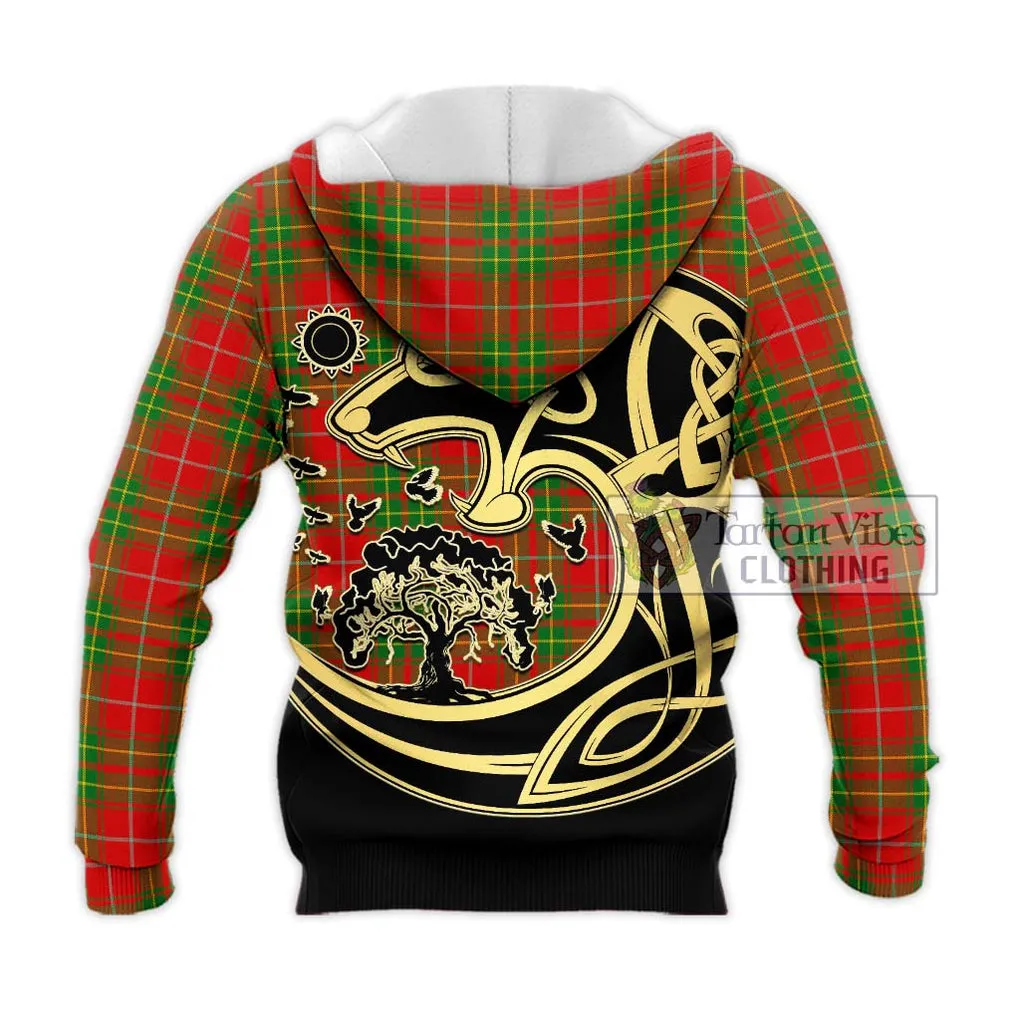 Burnett Tartan Knitted Hoodie with Family Crest Celtic Wolf Style