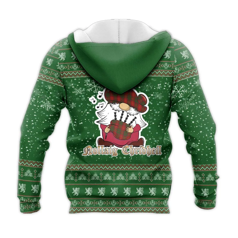 Burns Clan Christmas Knitted Hoodie with Funny Gnome Playing Bagpipes