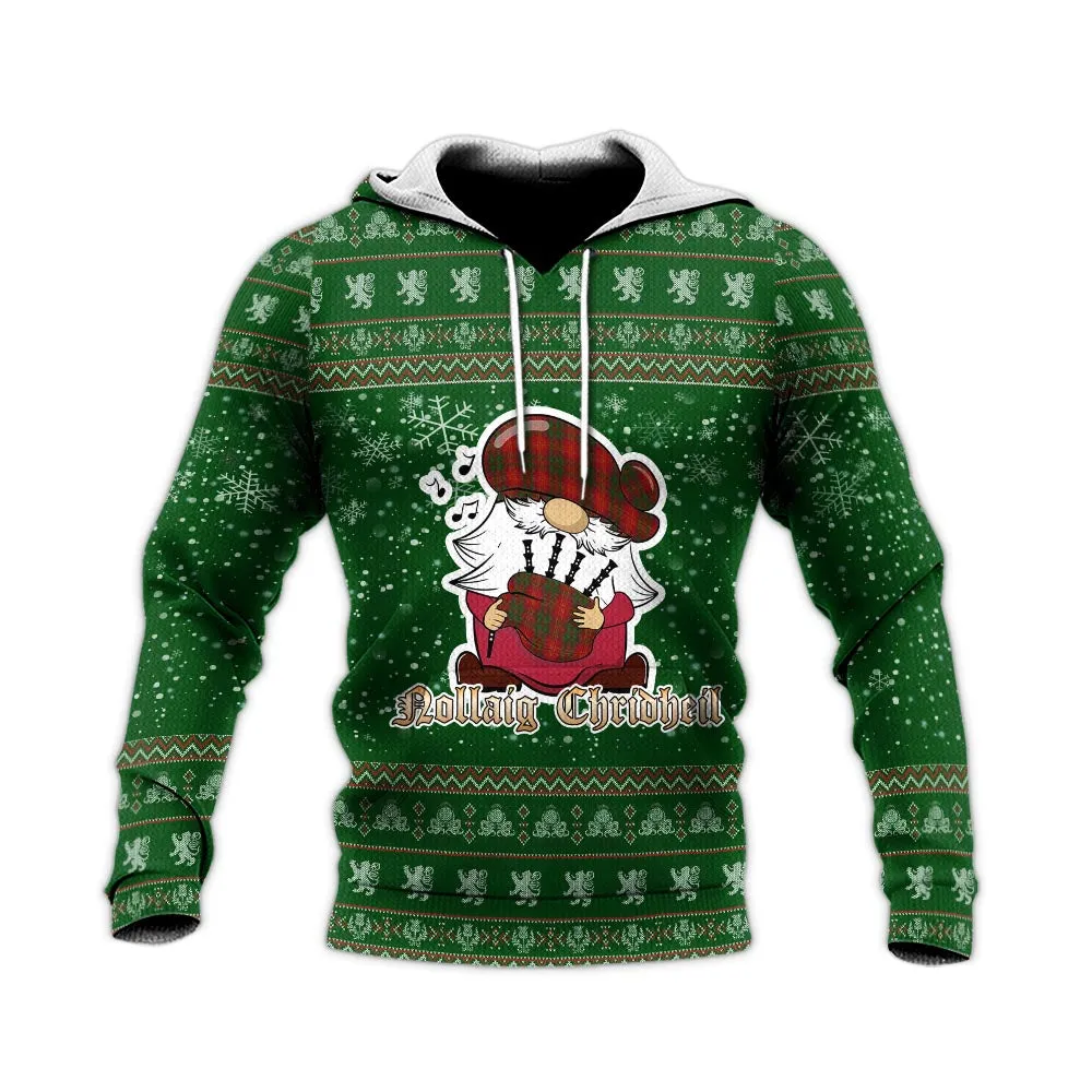 Burns Clan Christmas Knitted Hoodie with Funny Gnome Playing Bagpipes