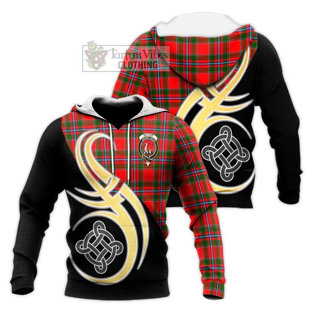 Butter Tartan Knitted Hoodie with Family Crest and Celtic Symbol Style