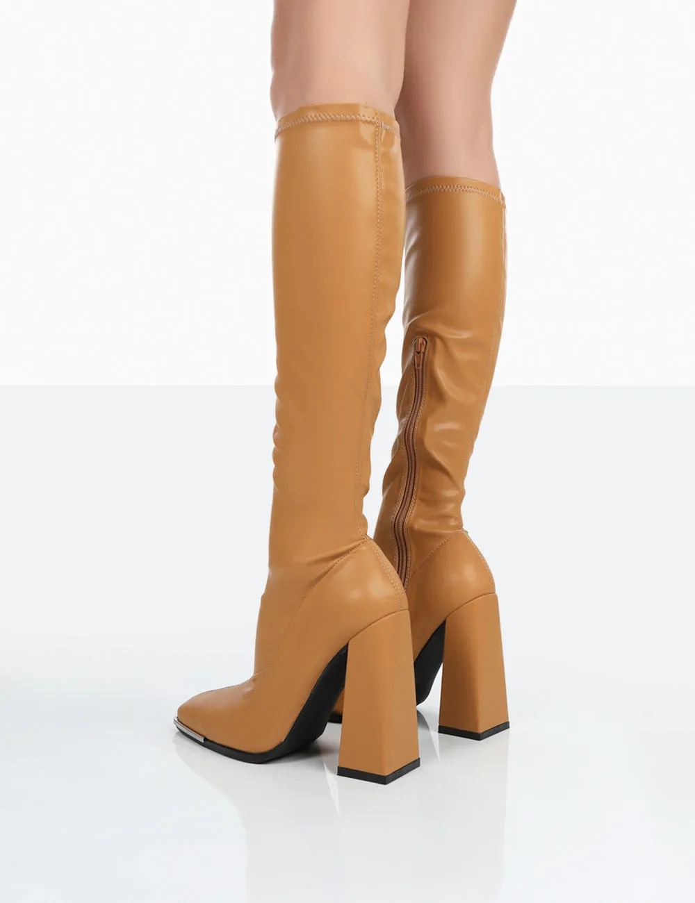 Caryn Camel Grain Pu Patent Knee High Block Heeled Boots