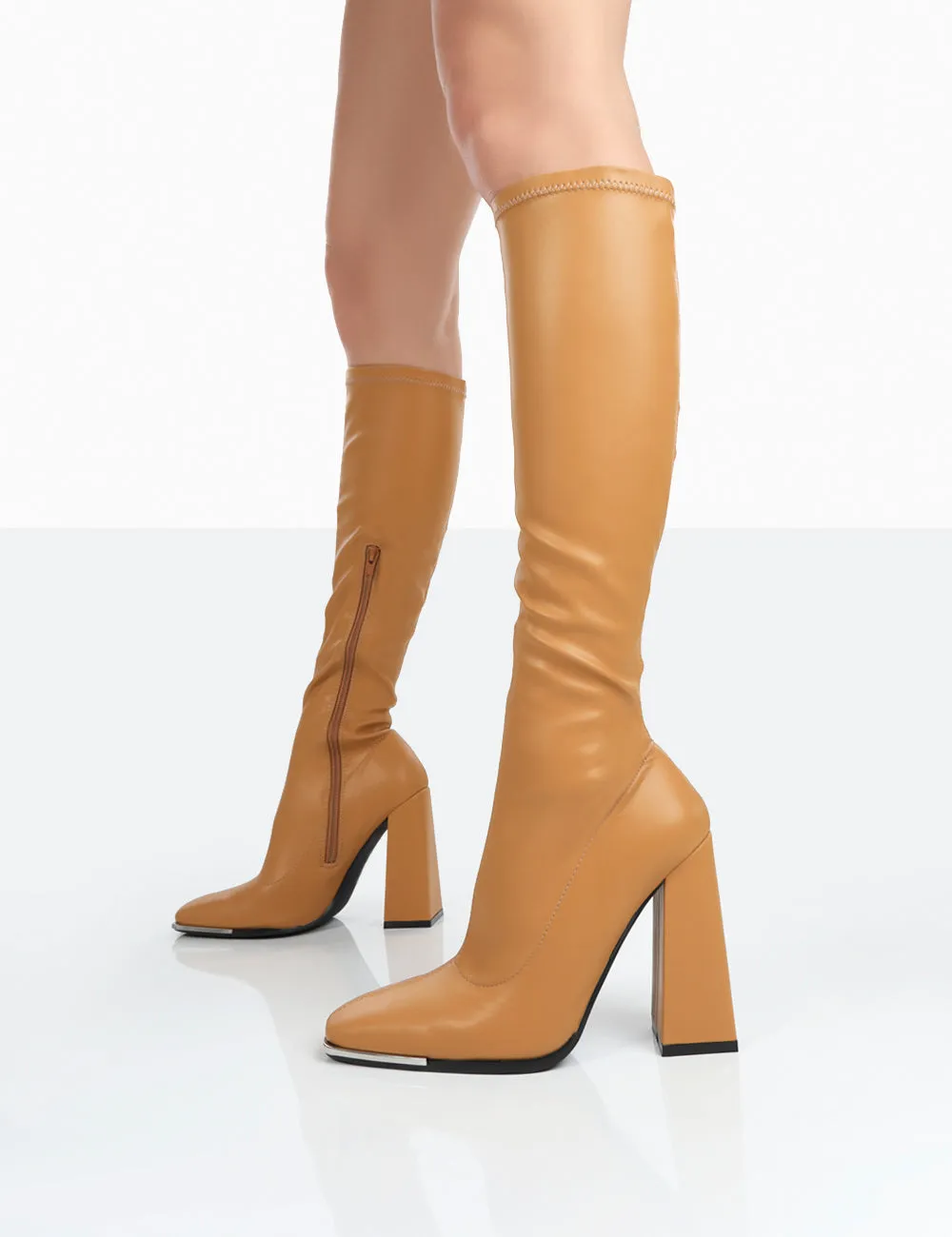 Caryn Camel Grain Pu Patent Knee High Block Heeled Boots