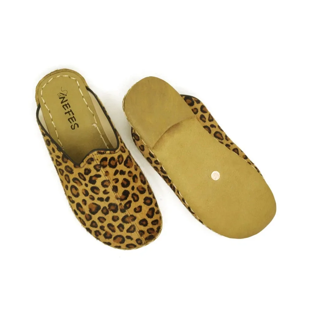 Closed Toe Leather Women's Slippers Yellow Leopard Print