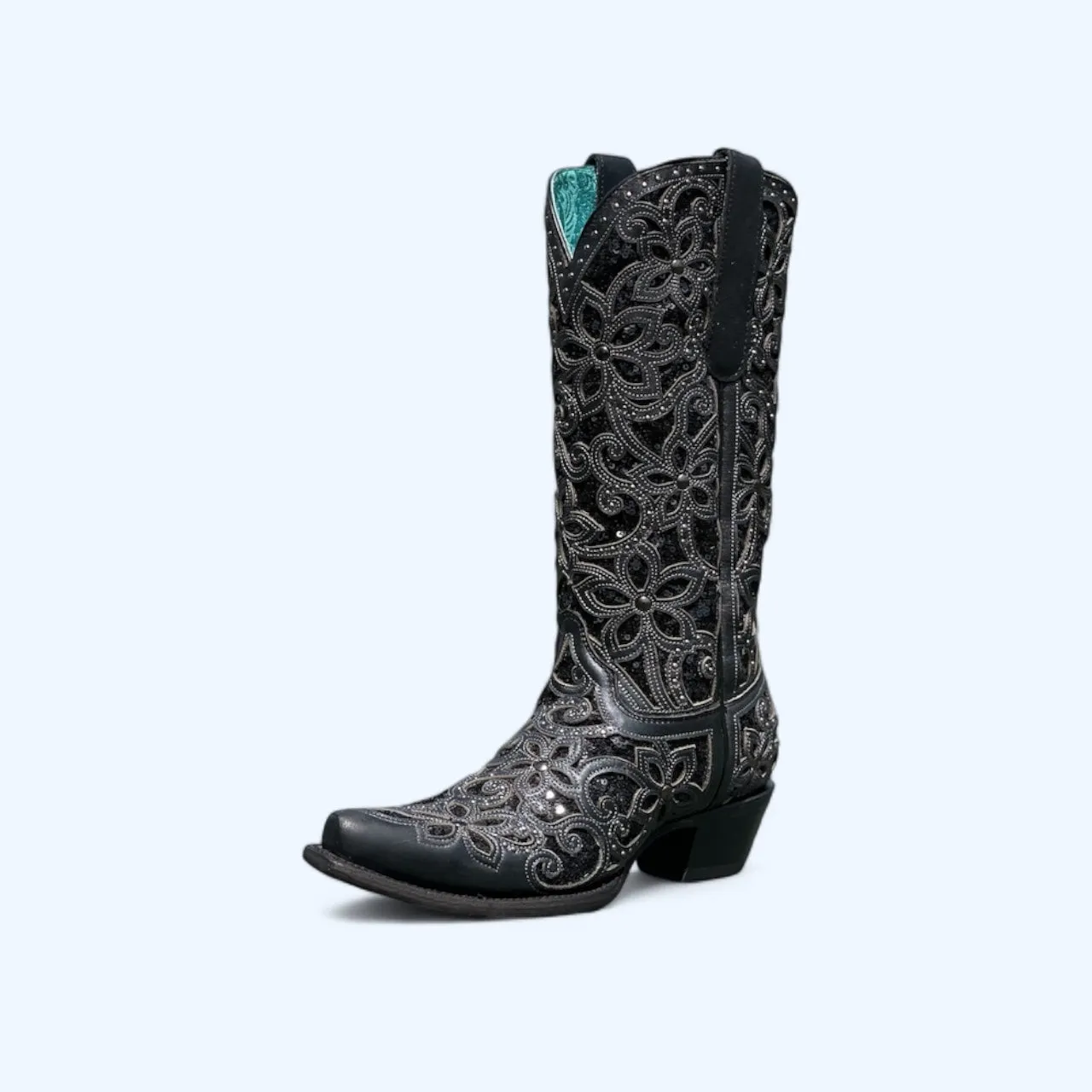 Corral WOMENS All Black Pointy Inlay Embroidery with Studs Boot