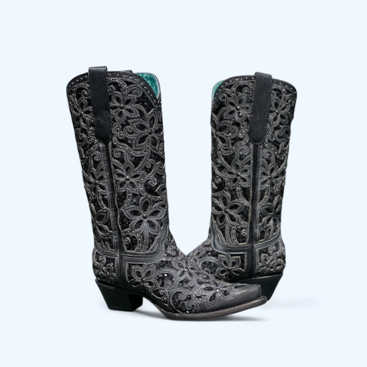 Corral WOMENS All Black Pointy Inlay Embroidery with Studs Boot