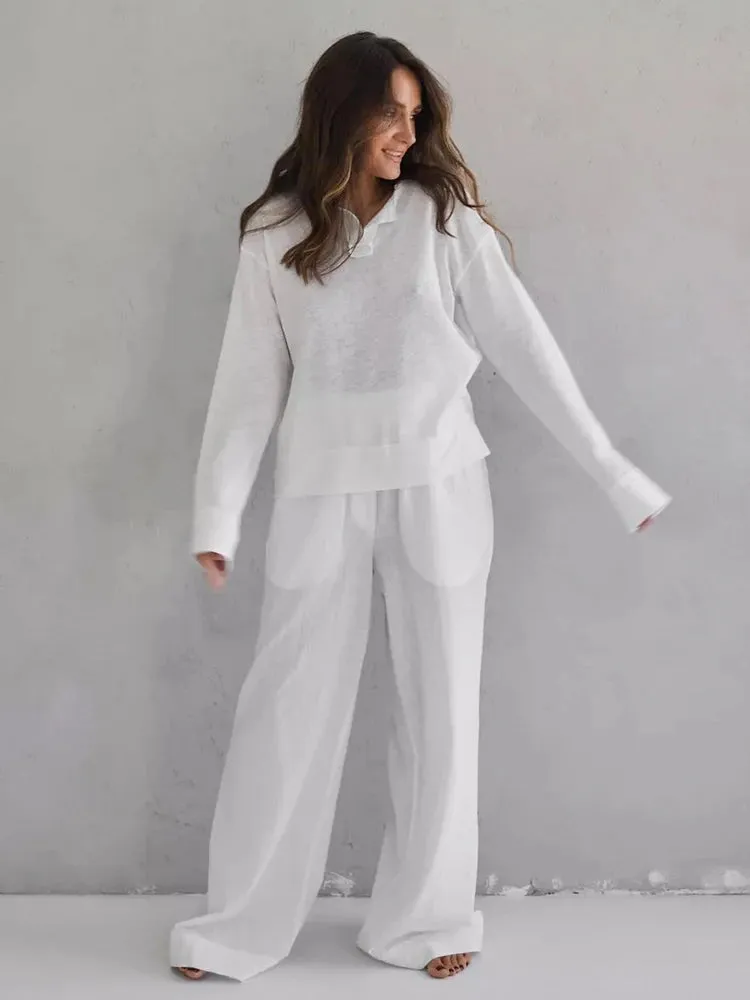 Cotton Blend Wide-Leg Pants & Top Loungewear Set