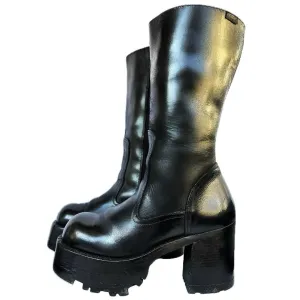 DESTROY Vintage Y2K Platform Chunky Square Toe Tall Black Leather Boots