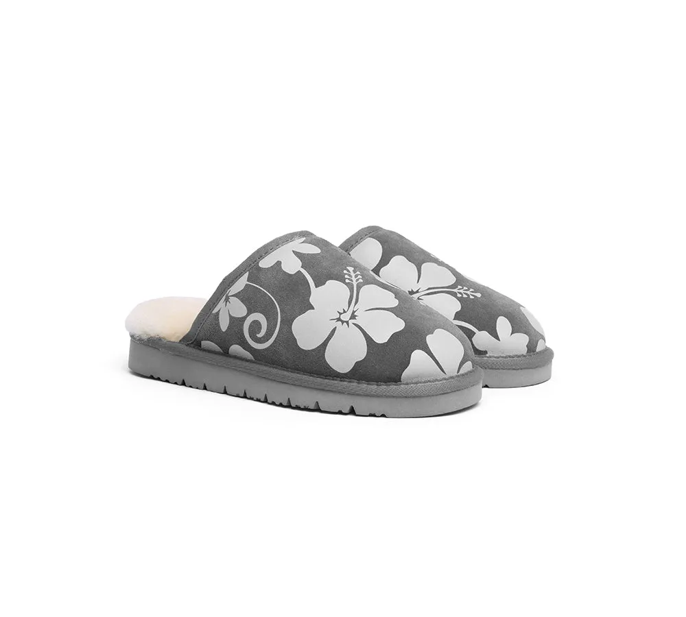 EVERAU® UGG Slippers Sheepskin Wool Grey Floral Print Suede Cruz EU40