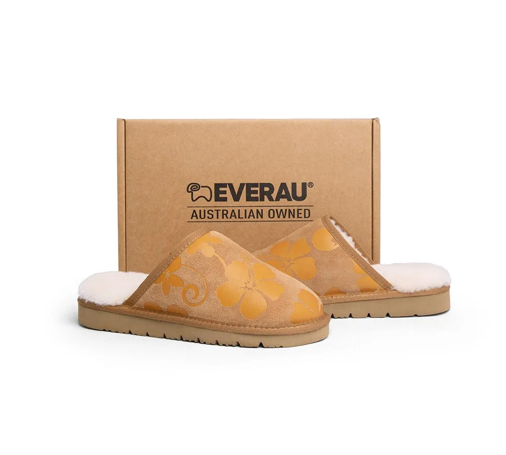 EVERAU® UGG Slippers Sheepskin Wool Yellow Floral Print Suede Cruz EU40