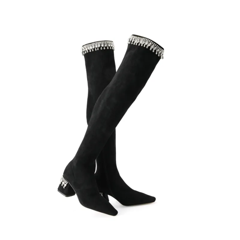 FEIFEI original niche design over-the-knee elastic package leg high boots rhinestone- Elenoe