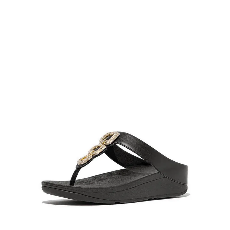 Fino Crystal-Chain Leather Toe-Post Sandals