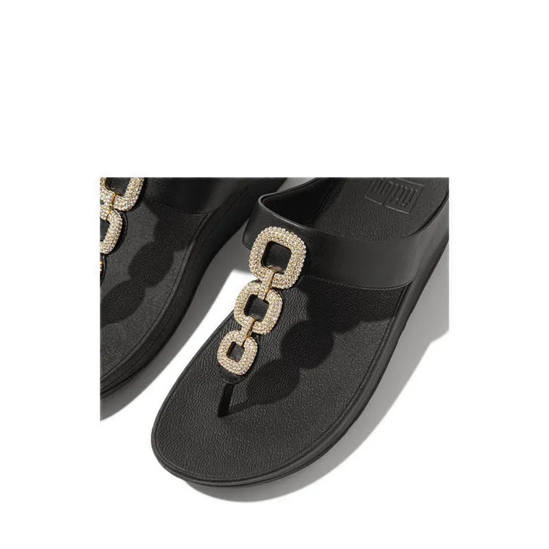 Fino Crystal-Chain Leather Toe-Post Sandals