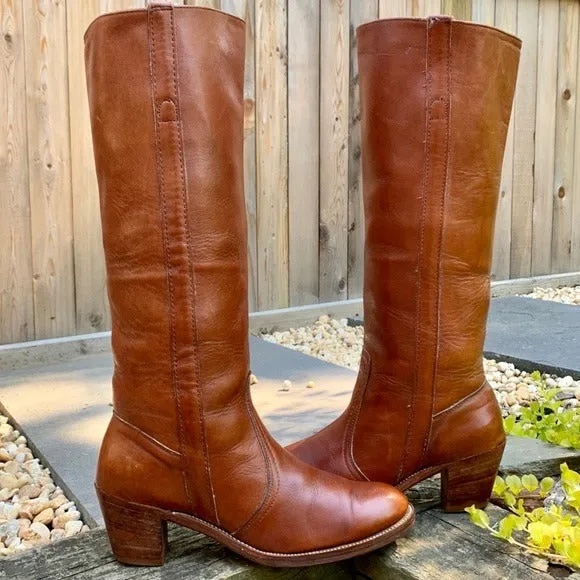 FRYE Vintage Tall Knee High Cognac Brown Leather Western Boots