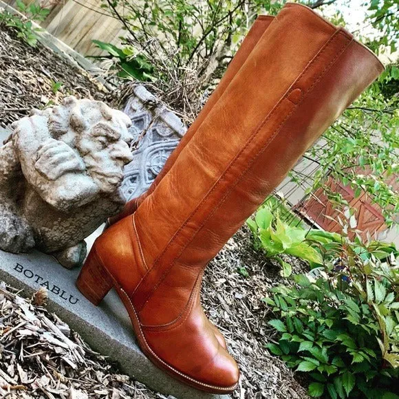 FRYE Vintage Tall Knee High Cognac Brown Leather Western Boots