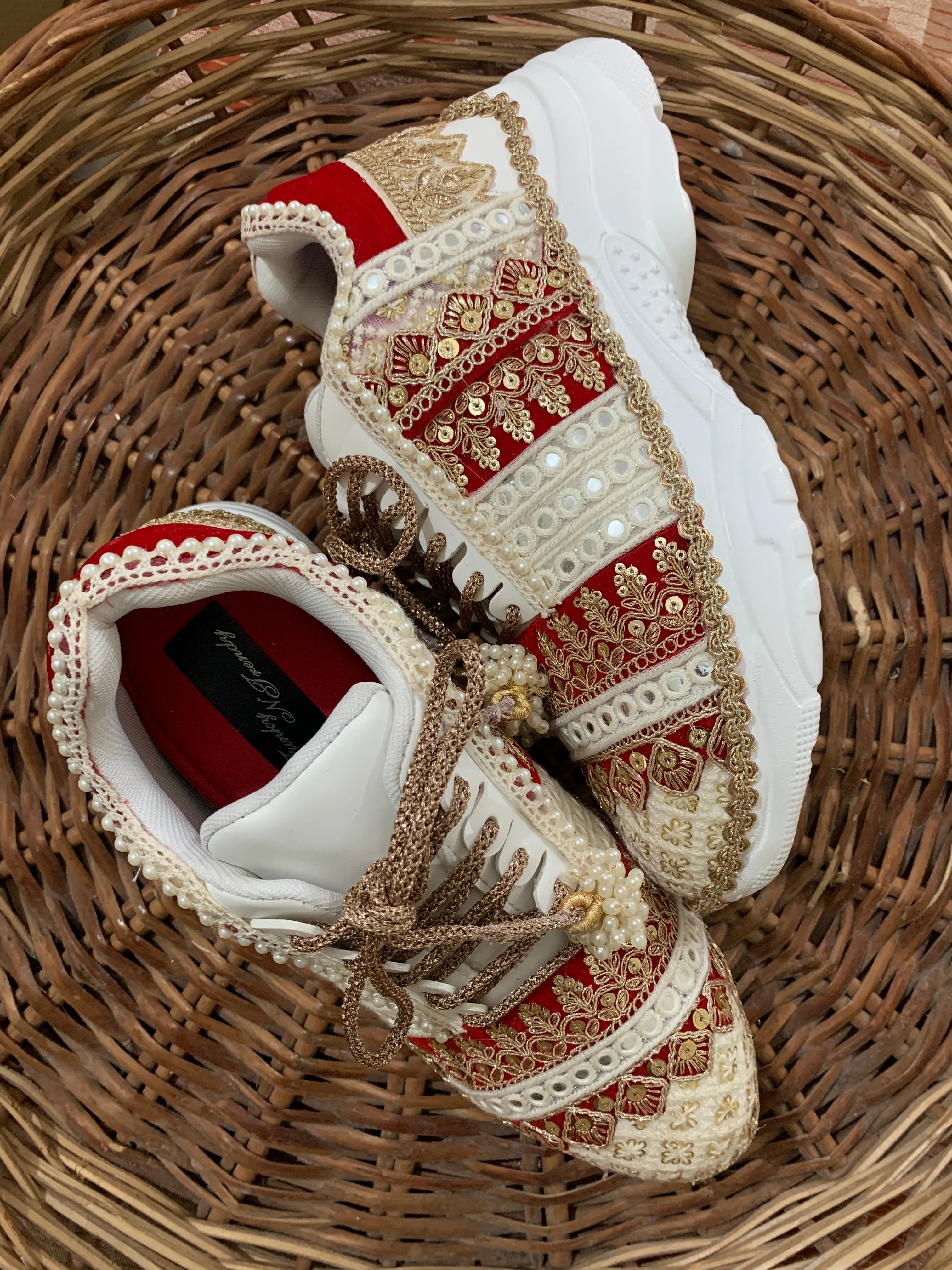 Funky N Trendy ivory and red embroidery work bridal sneakers/ bridesmaid sneaker / golden sneakers