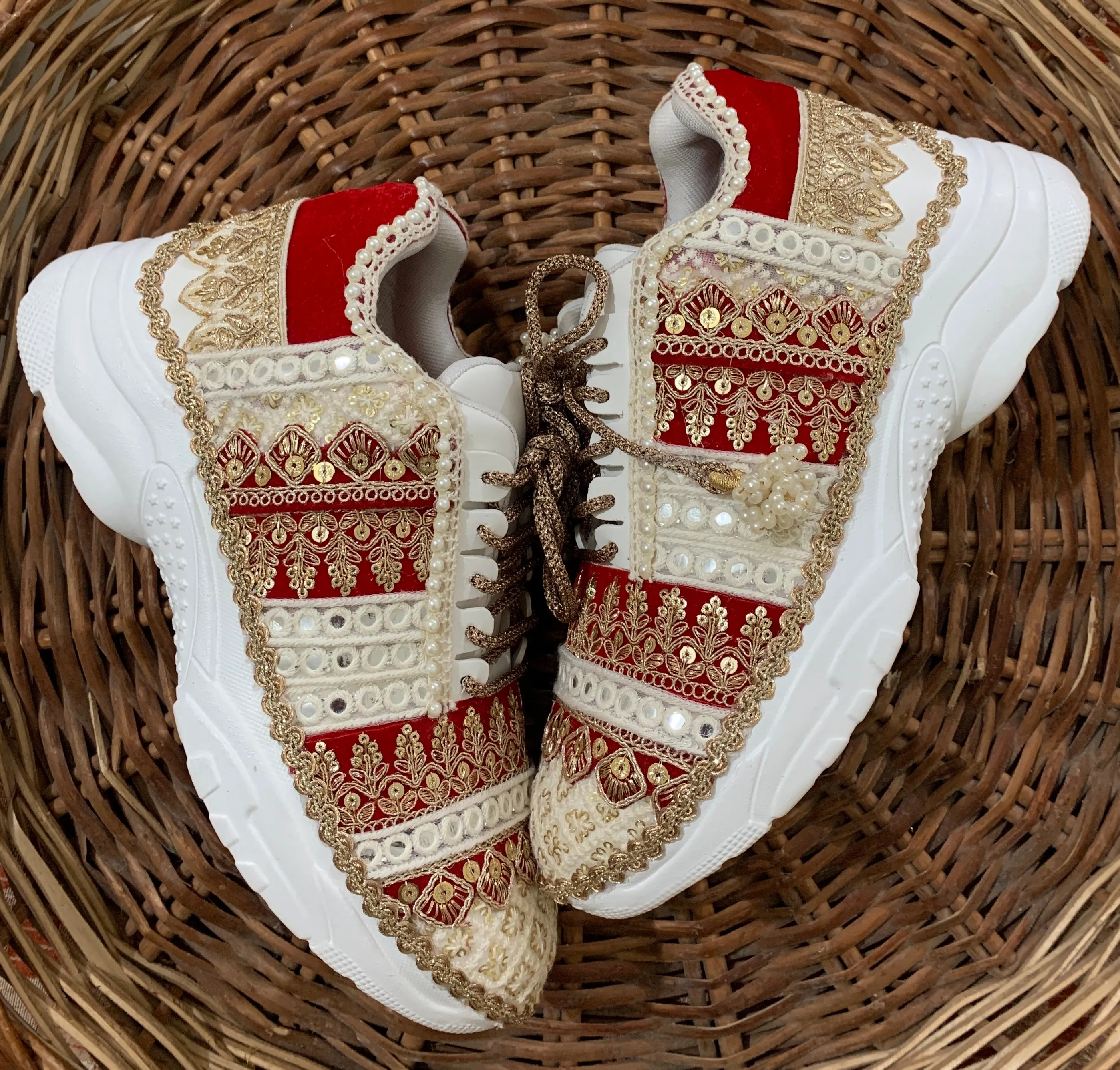 Funky N Trendy ivory and red embroidery work bridal sneakers/ bridesmaid sneaker / golden sneakers