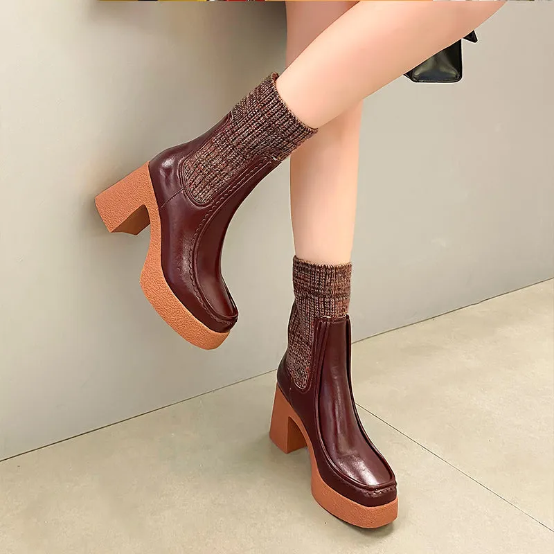 Genuine Leather Chunky High Heels Ankle-Length Boots