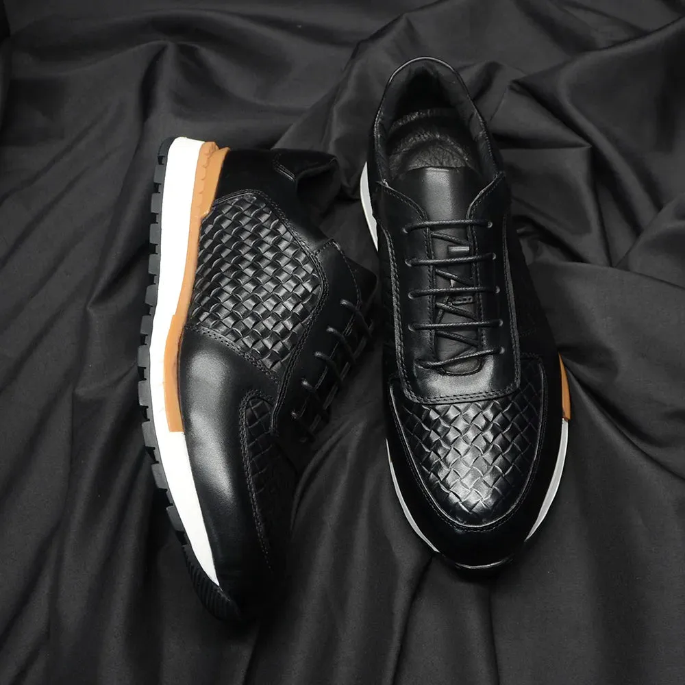 Genuine Leather Plaid Weave Pattern Sneakers