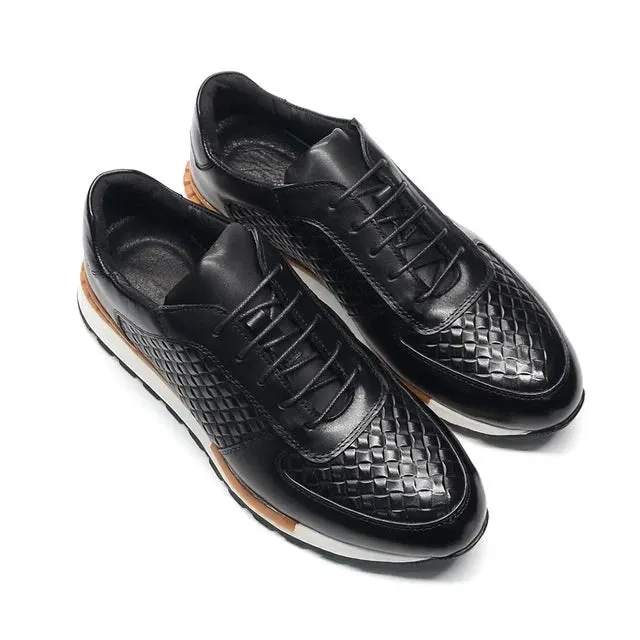 Genuine Leather Plaid Weave Pattern Sneakers